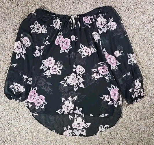LC Lauren Conrad Sheer Blouse Black Floral M