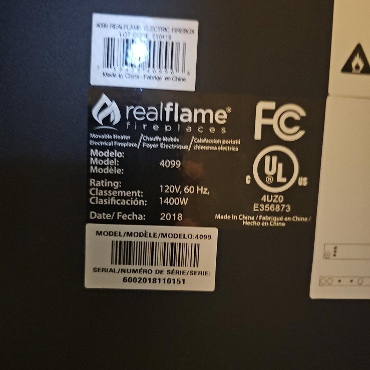 RealFlame model 4099 Electric fireplace Firebox