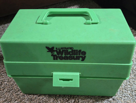 Illustrated Wildlife Treasury Green Plastic Box As Is With Some Cards