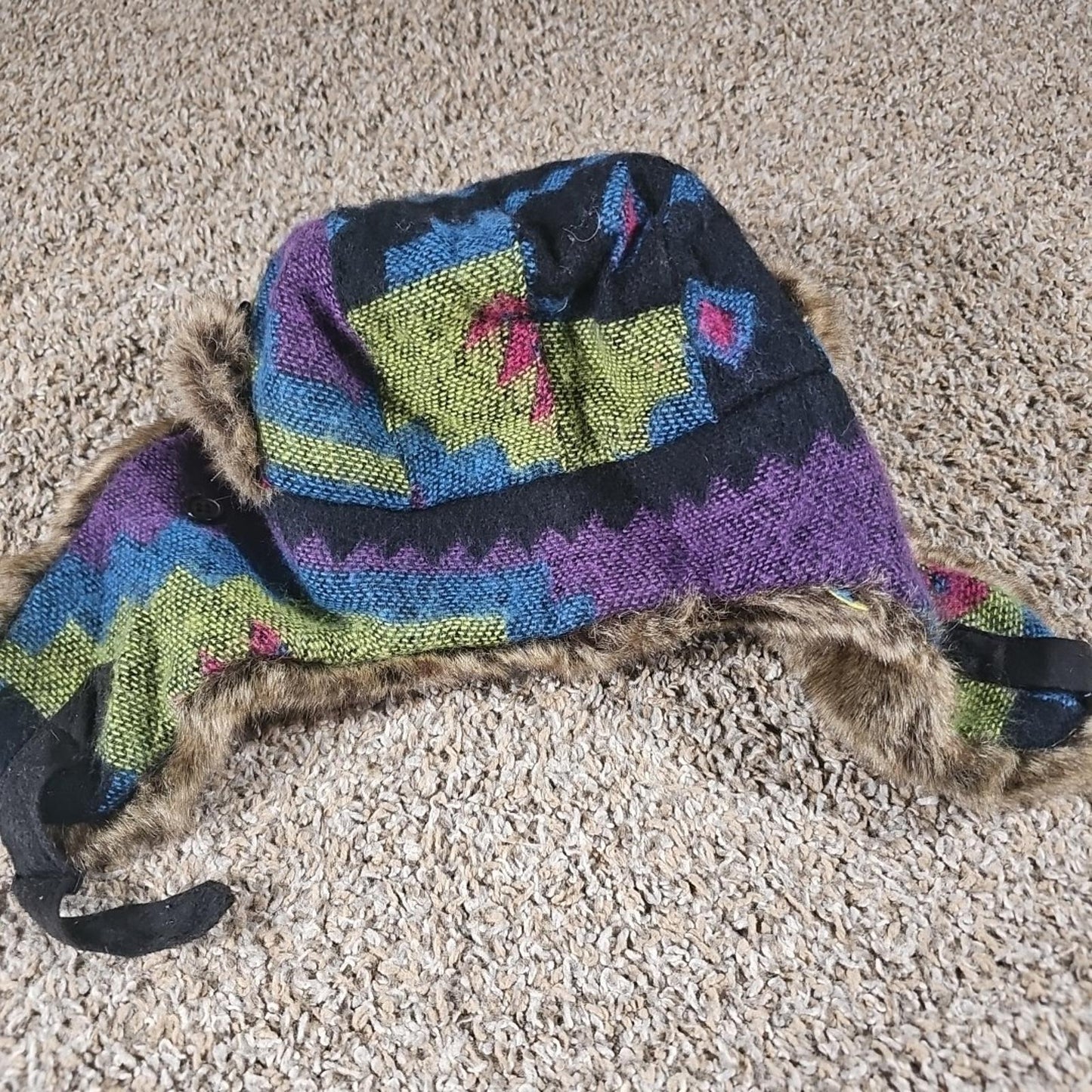 MUDD Trapper Hat Y2K Faux Fur Ear Flaps Multicolor Plaid One Size w/ Strap