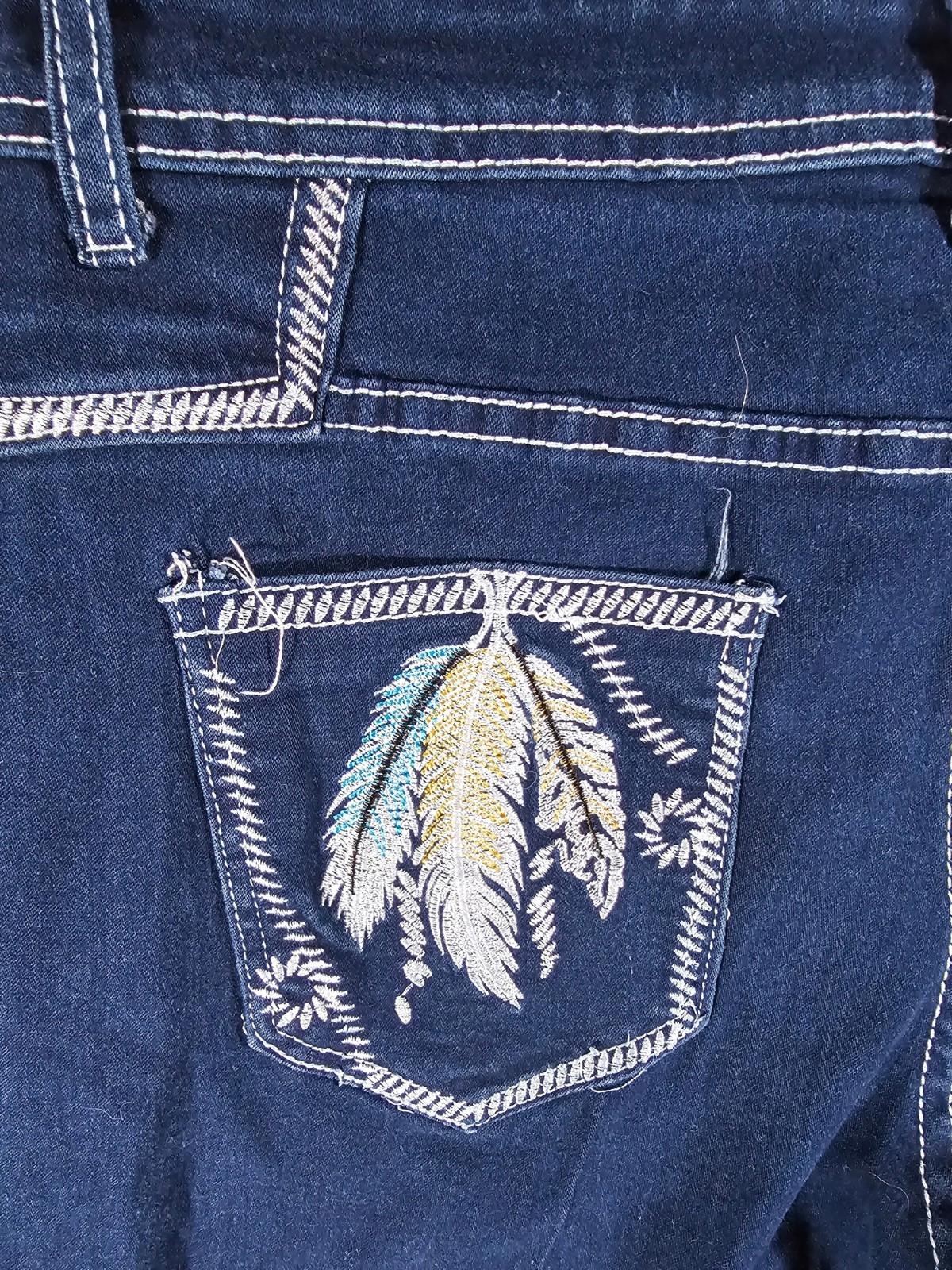 Feather embroidery pockets Large blue jeans APPROX 30x31
