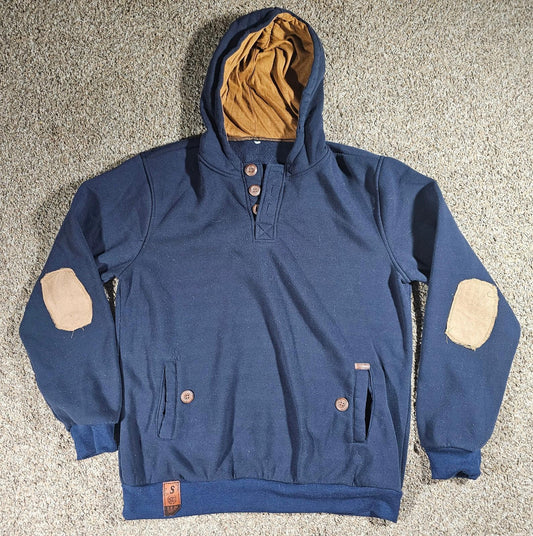Blue Hoodie Button Front Elbow Pads SEE MEASUREMENTS