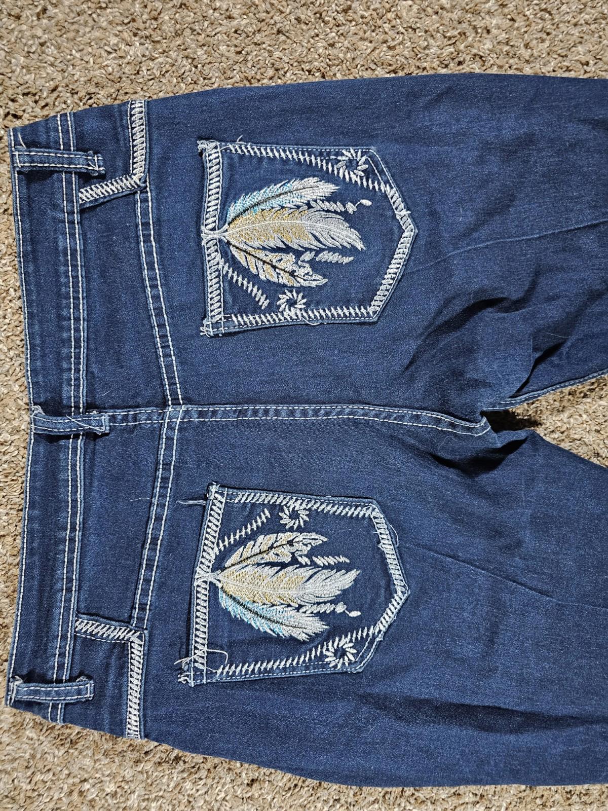 Feather embroidery pockets Large blue jeans APPROX 30x31
