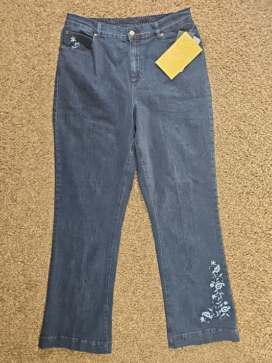 Denim & Company L Flared Blue Jeans Embroidered Flowers NWT