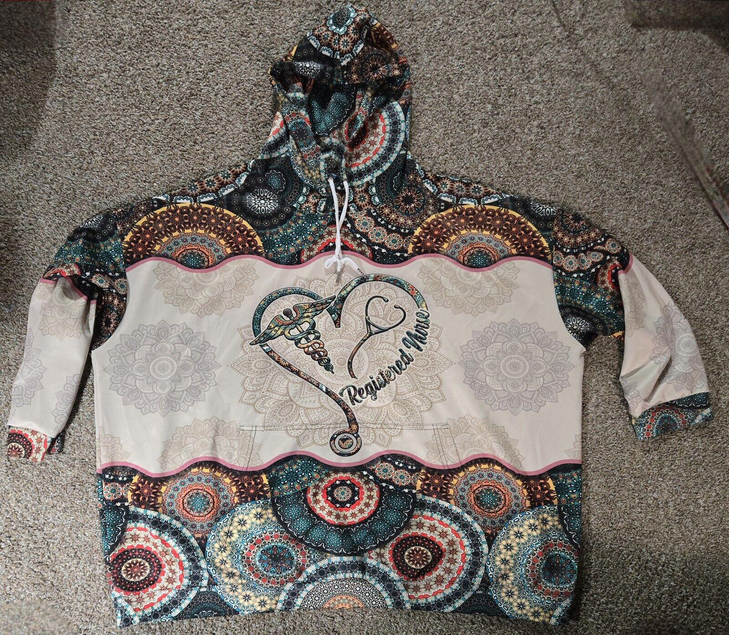 Paisley Print Beige 3/4 Sleeve Regsitered Nurse Hoodie 4XL
