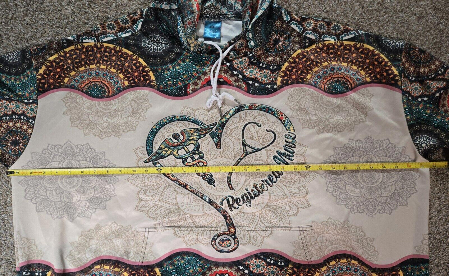 Paisley Print Beige 3/4 Sleeve Regsitered Nurse Hoodie 4XL