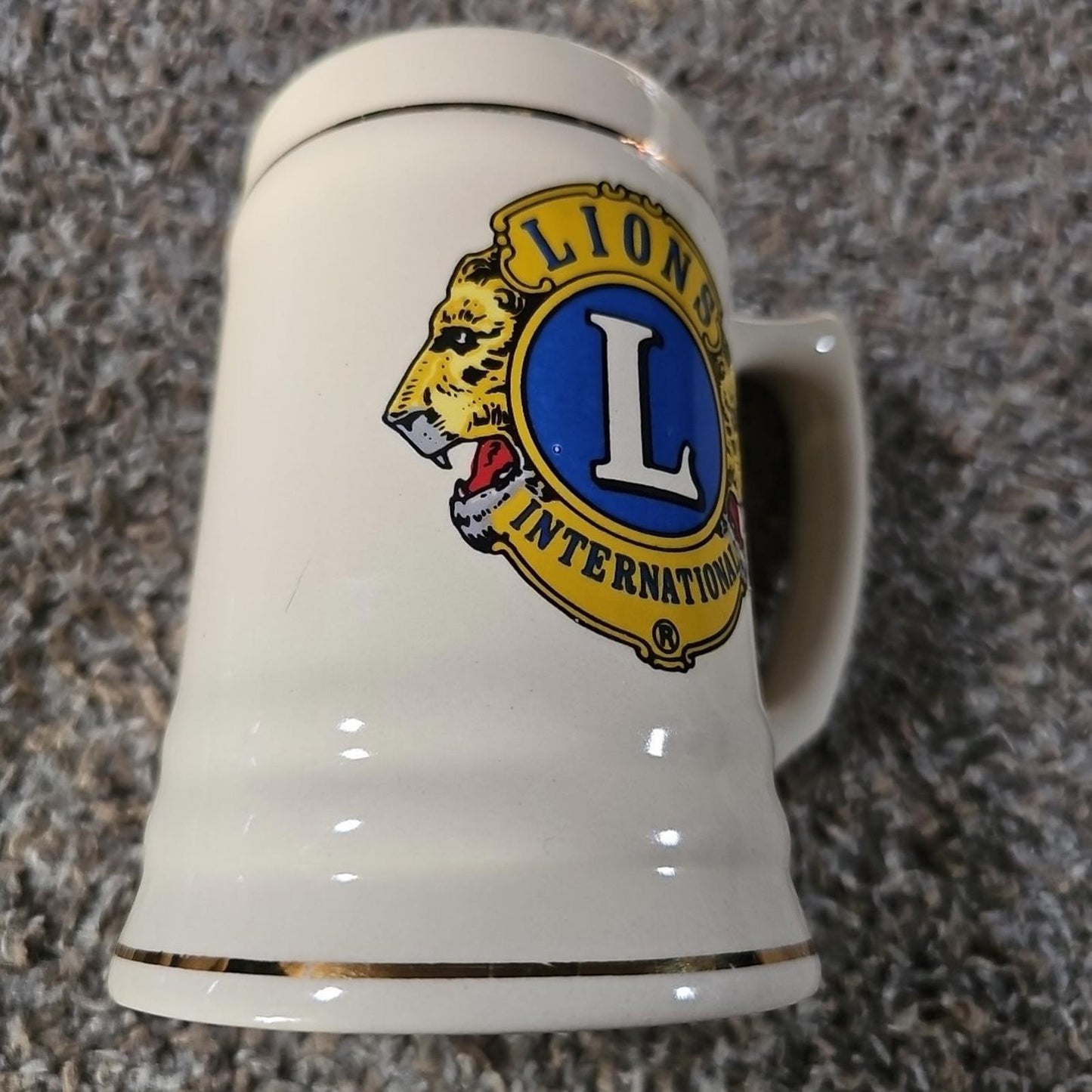 Lions International Stein Tankard Cream Mug Ceramic 22K Gold Trim Emblem USA