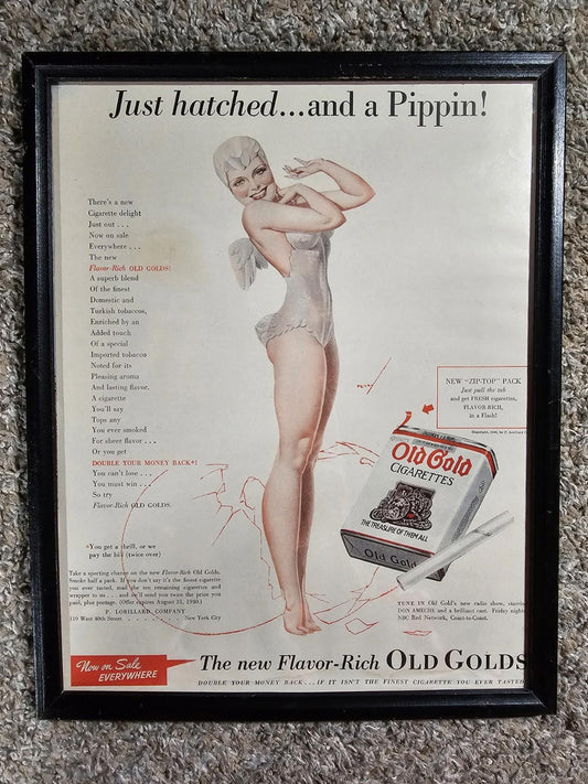 Framed Vintage Original "Old Gold" Cigarettes Color Print Ad 1940 Woman