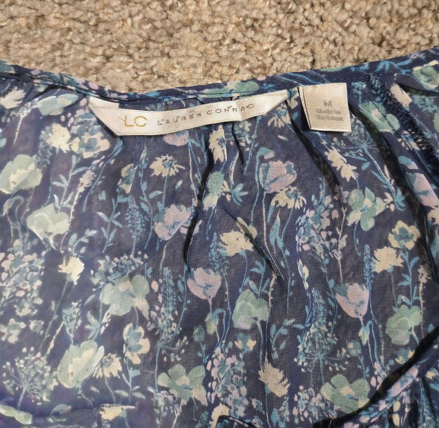 Lauren Conrad Blouse Blue Floral 3/4 Sleeves Round Neck M