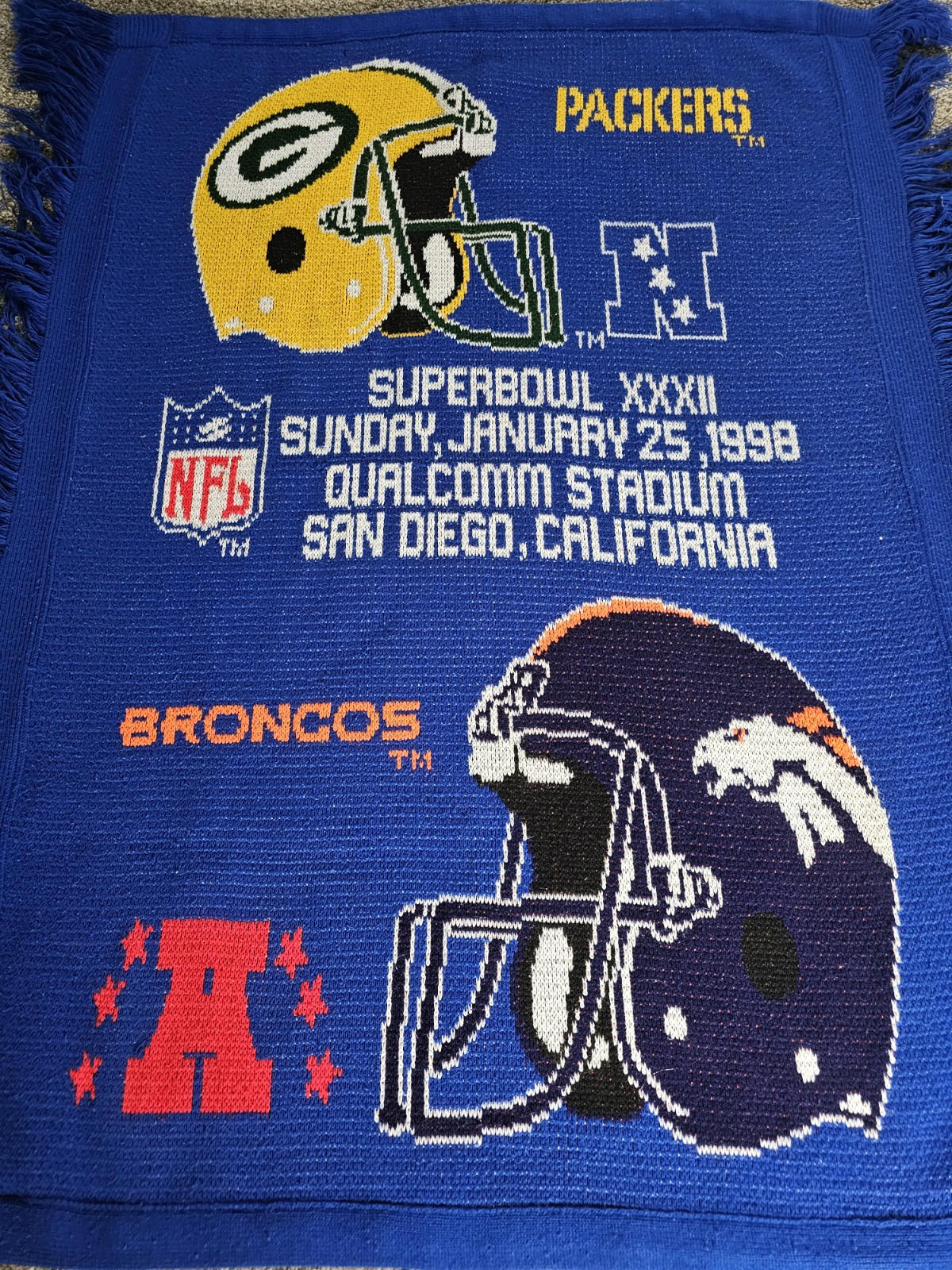 3 Strikes Packers Broncos super bowl 32 tapestry throw