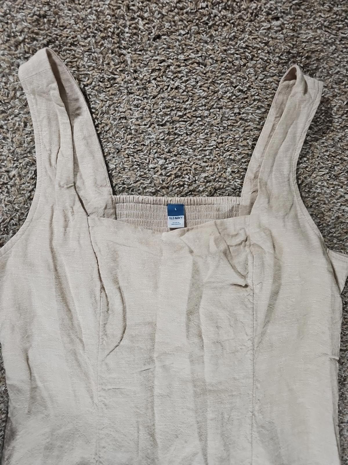 Old Navy Ruffled Smocked Cream Linen Blend Dress Neutral Capsule Minimalist Sz L