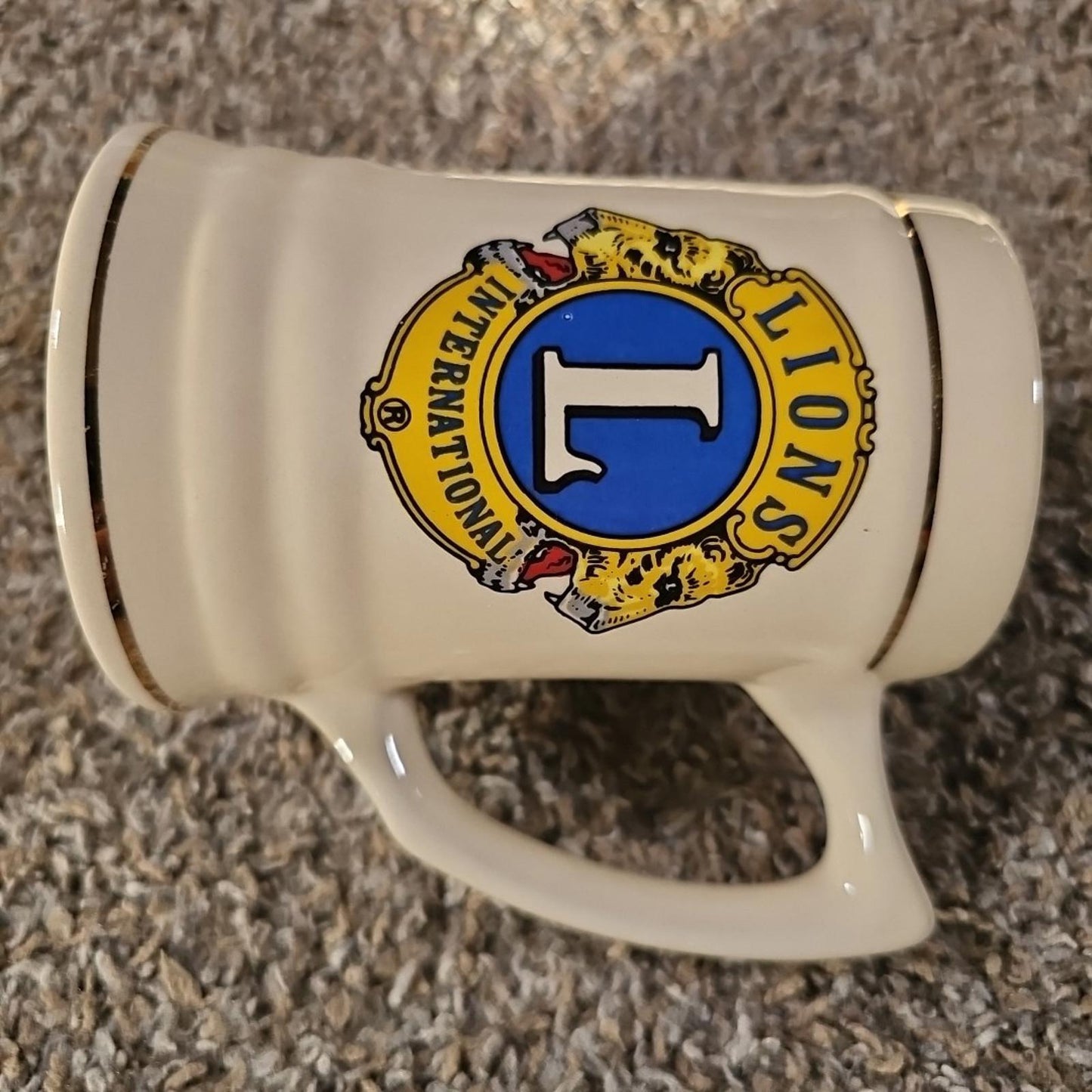 Lions International Stein Tankard Cream Mug Ceramic 22K Gold Trim Emblem USA
