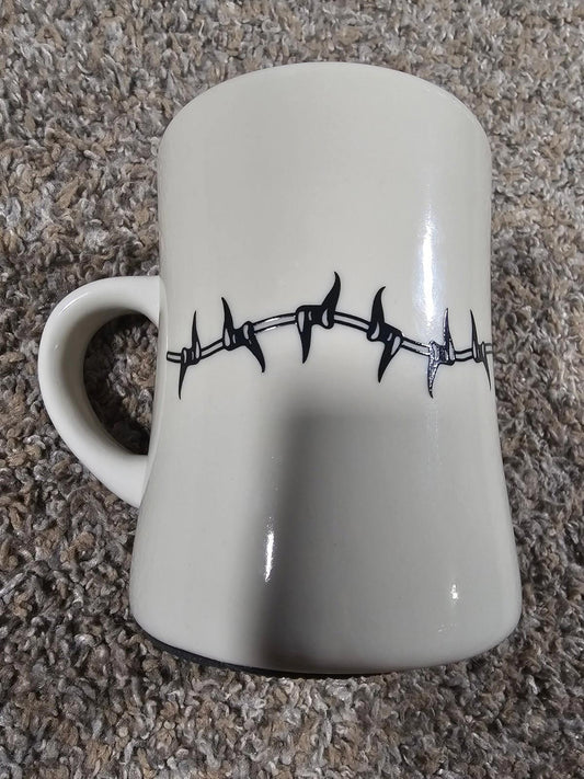 ceramic diner-style coffee mug with a black Barb Wire graphic HEAVY