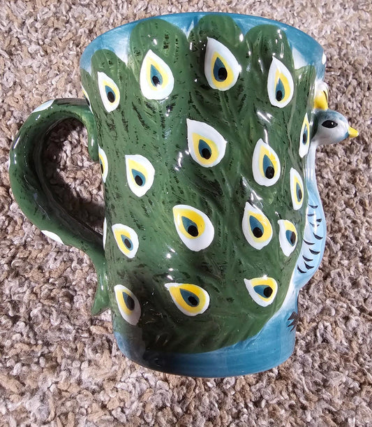 Pier 1 Imports Hand-Painted Peacock Coffee Mug Dolomite