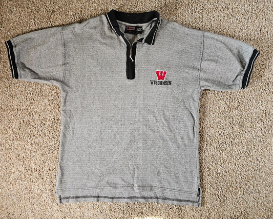 wisconsin badgers logo ACTIVE brand zip polo shirt mens medium gray