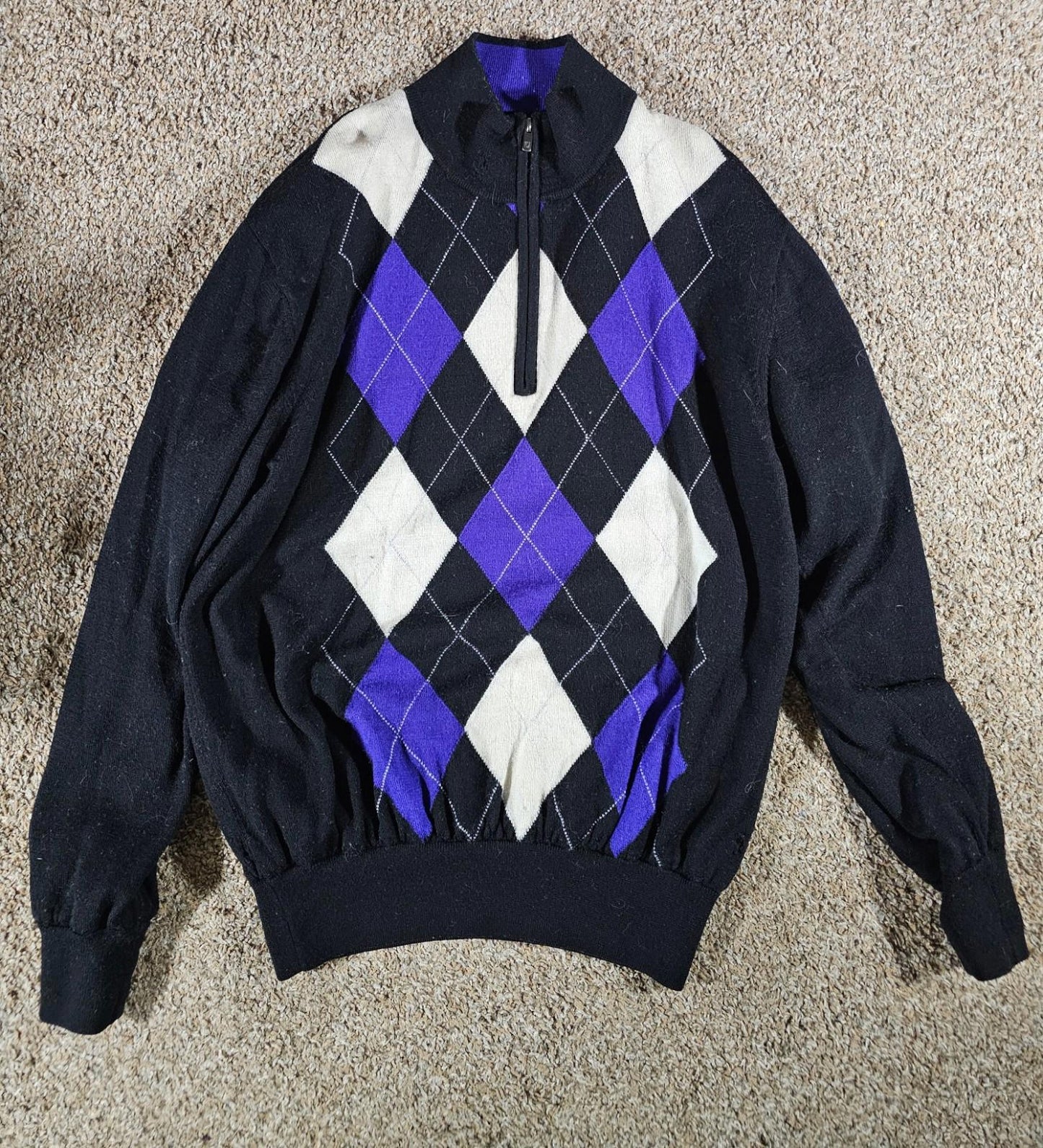 FootJoy Argyle Wool Sweater Black Purple 1/4Zip Mens L FLAWS
