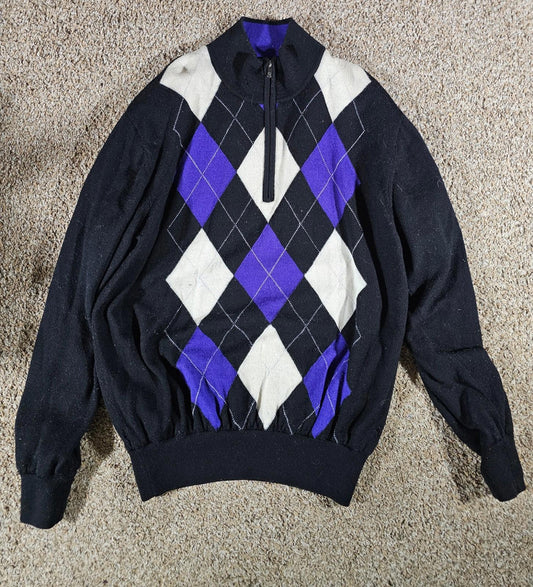 FootJoy Argyle Wool Sweater Black Purple 1/4Zip Mens L FLAWS