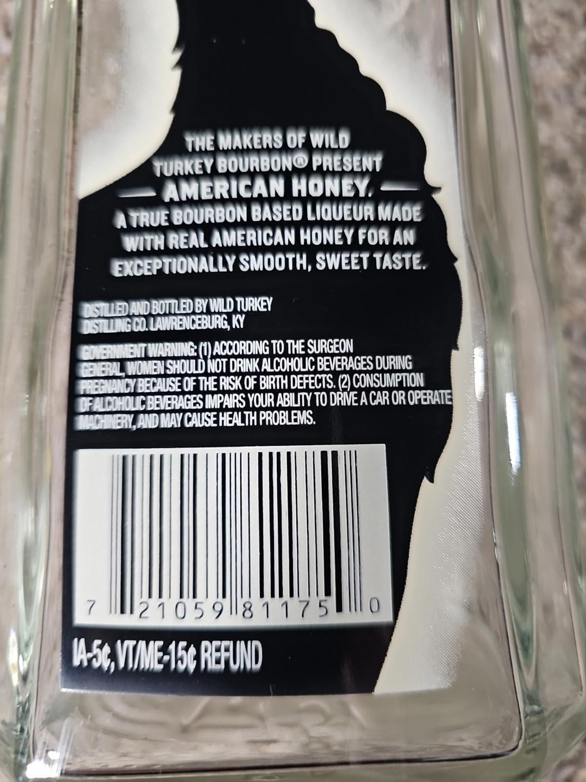 WILD TURKEY AMERICAN HONEY Empty Bottle 1.75 L Bourbon Whiskey Embossed Glass