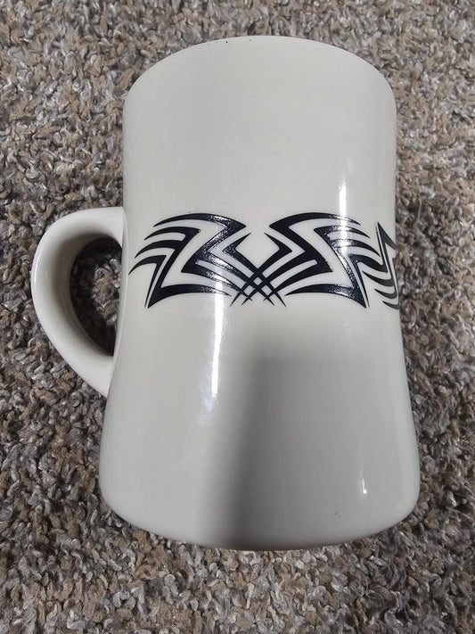 ceramic diner-style coffee mug with a black tribal-style graphic HEAVY
